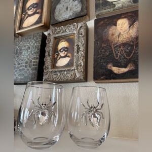 2pc Halloween‎  Jewel Gem Rhinestone Spider Stemless Wine Glasses